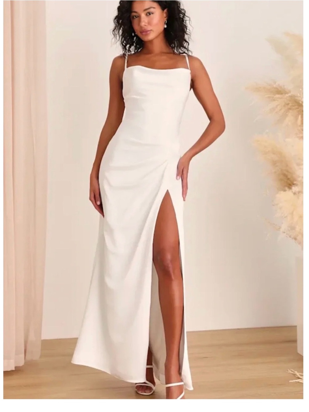 Lulus white satin cowl neck maxi dress